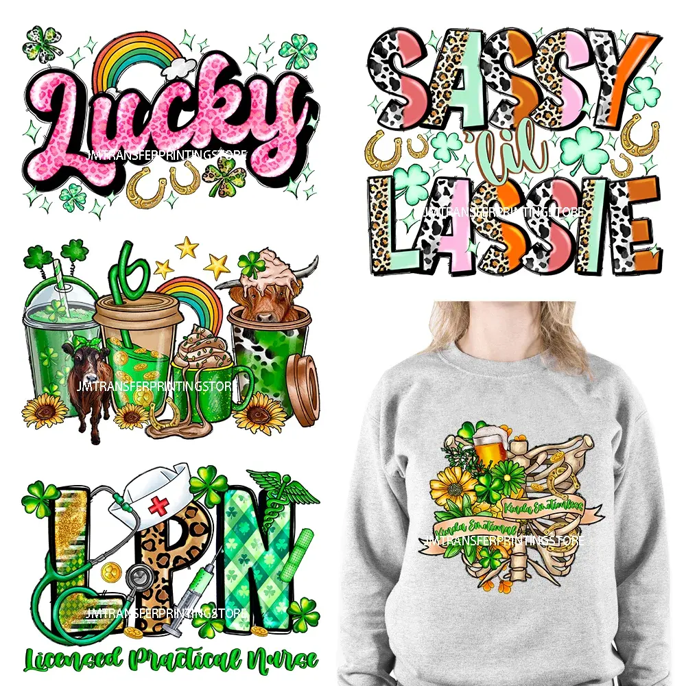 Shamrock Crusher Sassy Lassie Patricks Day Coffee Rainbow Gnomies Logos DTF переводные наклейки готовы нажать для толстовки