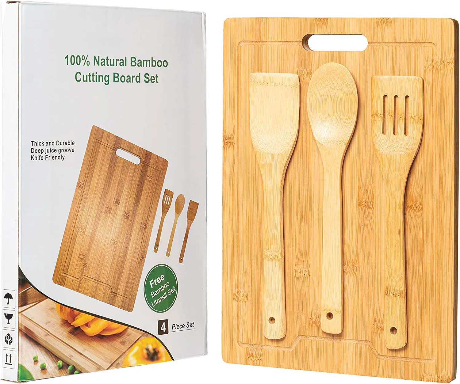 Cutting Board Bamboo Wooden Chopping Board Block with 3 pcs kitchen utensils