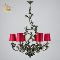 Lustre vintage en fer forgé avec abat-jour en tissu rouge, motif de branches botaniques, luminaire suspendu décoratif pour villa, salon, restaurant