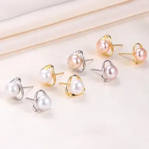 韩国轻奢华天然淡水珍珠耳环S925银色几何镂空三角耳环