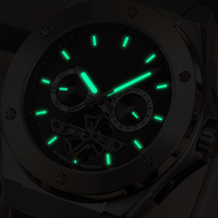 Montres mécaniques lumineuses en acier pour hommes, de style calendrier à roue volante, conçues et produites en usine en série, pour marque privée