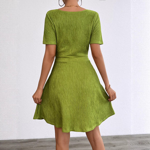 Casual Women's Solid Natural Breathable Eco-Friendly <b>A</b>-<b>Line</b> Polyester Short Sleeve Knee-Length <b>Dress</b> - Product Image 3
