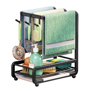 Organisateur d'évier de cuisine avec porte-serviettes et <span class=keywords><strong>bac</strong></span> de récupération d'eau - Fixation adhésive, crochets en acier inoxydable, idéal pour comptoir ou mur - Product Image 1