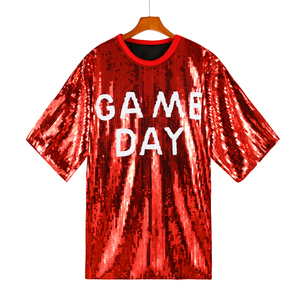 T-shirt <span class=keywords><strong>da</strong></span> <span class=keywords><strong>Donna</strong></span> con Paillettes, Collo Tondo, Mezza Manica, Vestito Ampio con Stampa 'GAME DAY' - Product Image 6