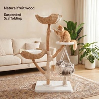 Arbre à chat en bois massif avec panier en rotin tressé et griffoir en sisal, tour minimaliste pour chat avec lit suspendu pour chats d'intérieur