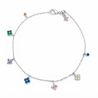 Perhiasan Trendy Perak 925 Sterling Silver Warna Pelangi Zirkon Liontin Semanggi Berdaun Empat Kalung Gelang untuk Wanita
