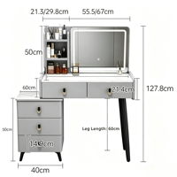 Bureau de toilette moderne du milieu du siècle en verre avec miroir éclairé et rangement, design en panneaux MDF pour chambre et appartement