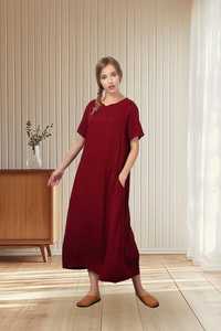 Vestido Maxi de Lino y Algodón Hecho a Mano para Mujer, Cintura Natural, Corte en A, Manga Corta, Ajuste Regular, Estilo Casual, Tallas Grandes, OEM - Product Image 5