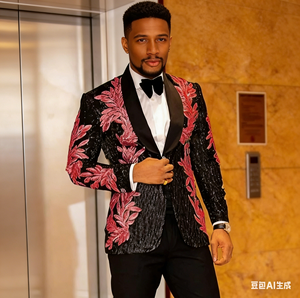 Ensemble de costume tendance pour <span class=keywords><strong>homme</strong></span> avec appliques en paillettes dorées, <span class=keywords><strong>veste</strong></span> décontractée de haute qualité et pantalon occidental, ensemble deux pièces - Product Image 3