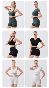 Knit Elastic High Waist Women's Short Yoga Sets <b>Summer</b> Gym Jogging Yoga Sport Sets for Women - Product Image 2