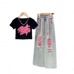 Stile europeo dipinto Graffiti a maniche corte Set per ragazze grazioso abito quotidiano per bambini t-shirt nera + <span class=keywords><strong>pantaloni</strong></span> strappati in Denim colorato - Product Image 1