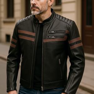 Blouson moto homme en cuir véritable noir, coupe ajustée, col montant, fermeture éclair, color block, pour l'automne - Product Image 1
