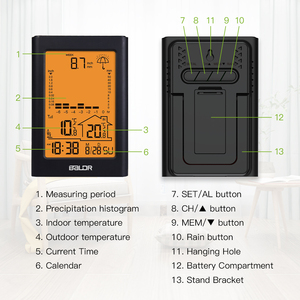 Pluviomètre <span class=keywords><strong>BALDR</strong></span> <span class=keywords><strong>Station</strong></span> météo Moniteur de pluviométrie Jardin Pluviomètre Capteur de température intérieur/extérieur - Product Image 5