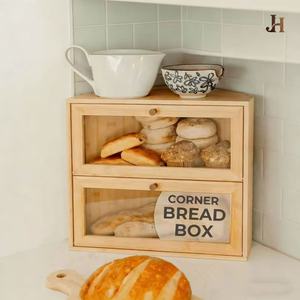 Wooden <b>kitchen</b> corner bread box, triangular double-layer dessert and pastry bread storage box, bamboo and wood food storage box - Product Image 1
