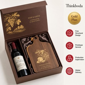 Custom <strong>Wine</strong> <strong>and</strong> <strong>Cheese</strong> Board <strong>Gift</strong> Set Box Warm Wood Rigid Box with Gold Foil <strong>Wine</strong> Bottle <strong>and</strong> <strong>Cheese</strong> Board Packaging - Product Image 1