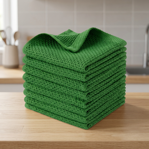 Ensemble de torchons de cuisine en coton gaufré vert, couleur unie, écologiques, séchage rapide, lavables en machine, carrés - Product Image 1