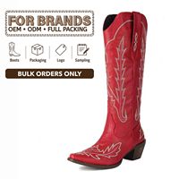 CHENO Bottes de cowboy occidentales pour femmes, à logo personnalisé, OEM, vente en gros, chic, vintage, broderie flamme rouge, bout pointu, hauteur genou