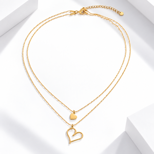 Layered Heart Necklace Stainless Steel 14K <b>Gold</b> Vacuum Plated Double Chain Pendant Jewelry - Product Image 1