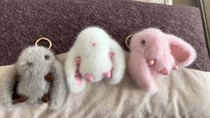 Llaveros de Conejito Rosa, Peluche de Piel <span class=keywords><strong>Real</strong></span>, Llavero de Conejo de Peluche, Lindo para Bolsa, Coche, Colgante, Anillo de Llavero de Conejo - Product Image 6