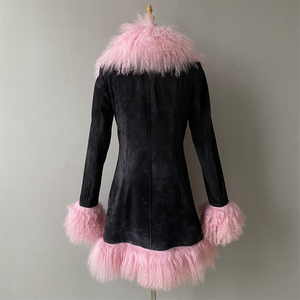 Manteau Long d'Usine en Gros en Véritable Peau de Mouton, Chaud et Épais, Col en Fourrure d'Agneau Naturelle, Manteaux de Luxe en Cuir Suédé pour Femme Hiver - Product Image 4