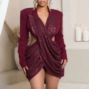 2026年ホットセールプロムパーティー女性用長袖Vネックシークインバックレスセクシーショートドレス - Product Image 4