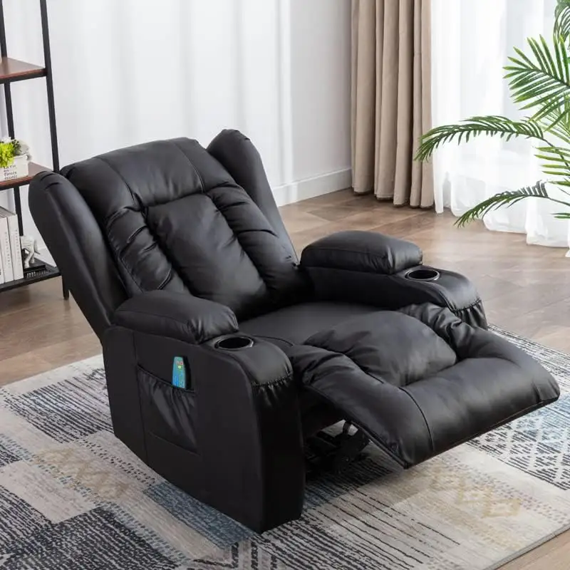 गर्म सोफे सीट रहने वाले कमरे के साथ मालिश रेक्लिनर काले चमड़े के रॉकिंग कुर्सी