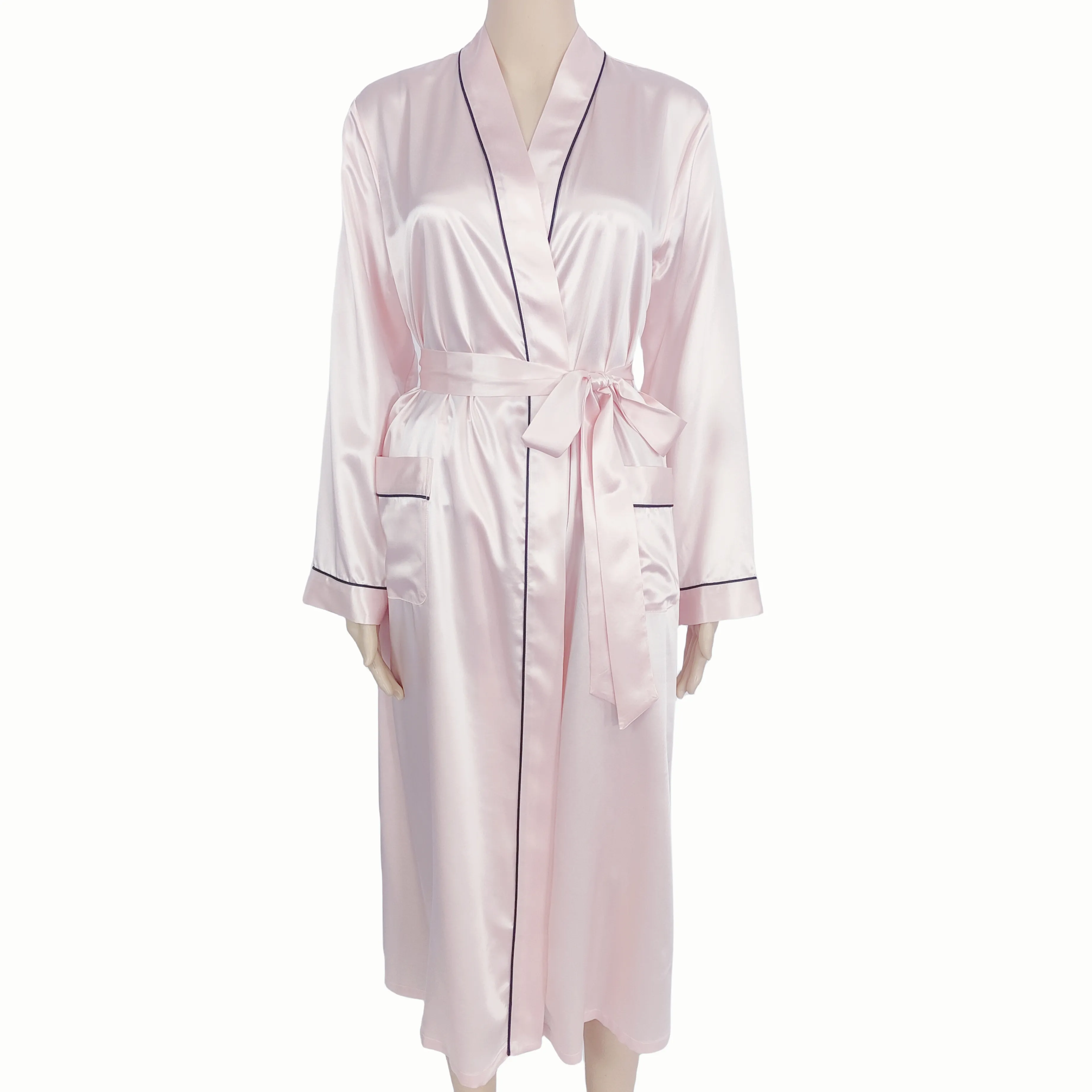 Customized Logo 100% Pure Silk Breathable V Neck Line Full Length Pink Silk Bathrobe Set