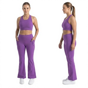 High Waist <b>Flared</b> Leg Yoga <b>Leggings</b> With Pockets Solid Color Full Length Spandex Polyester Four-Way Stretch Elastic Waist - Product Image 1