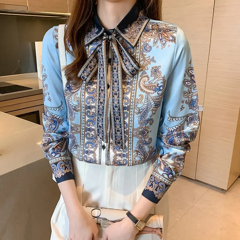 Vrouwen Vintage Indiefolk Bloemenprint Dames Tops Satijn Chiffon Lange Mouw Casual Blouse Dames Werkkleding Kantoor Shirts