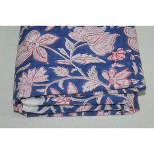 Blue & Pink Flower Hand Block Print Cotton Fabric 110 GSM for Curtains <b>Diapers</b> Home Textiles Bags Accessories for Best Price - Product Image 4