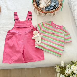 Girls Striped T-Shirt Pink Overalls Set Cotton Summer Clothing For Little Girls Two Piece Outfit - Product Image 2