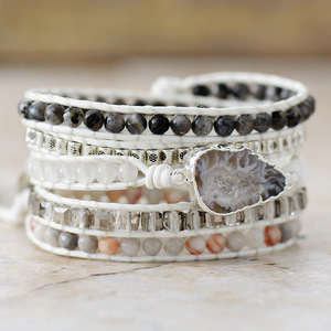 White Cowhide Rope <b>Beaded</b> <b>Bracelet</b> 5 Strand Agate Stone Handwoven Unisex Jewelry Gift - Product Image 2