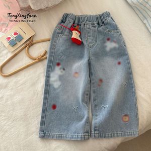 TongXingYuan Girls Jeans High Waist Washed Soft Wide Leg Pants Korean Style For Little Girls - Product Image 1