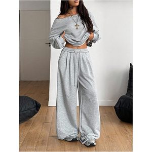 Conjunto de 2 Piezas de Sudadera sin Cuello para Mujer, Pantalones Deportivos Holgados de Forro Polar Transpirable, Atuendo Informal Combinado para Todas las Temporadas - Product Image 1