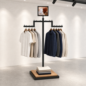 Espositore per T-shirt a Palo Singolo con Doppio Braccio, Stand Appendiabiti con Pannello Superiore per Insegne, per Esposizioni Commerciali - Product Image 2