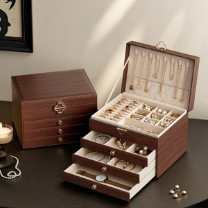 Boîte de rangement à bijoux en bois écologique haut de gamme personnalisée par le fournisseur, à quatre niveaux, avec serrure, pour boucles d'oreilles, colliers, bagues, bracelets, montres - Product Image 1
