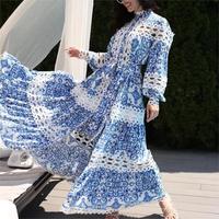 Style bohème 2023 automne Style rétro nouveau produit col montant lanterne manches taille longue robe imprimée