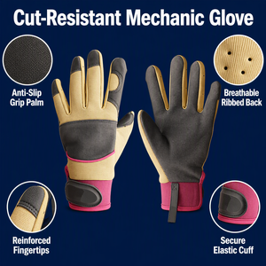 Wholesale Utility Work Gloves Grey Suede Palm Beige Breathable Fabric Back Magenta Elastic Cuff Velcro Wrist Mechanic <b>Safety</b> - Product Image 3