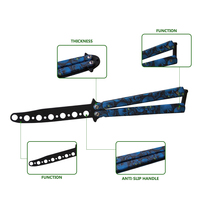Couteau papillon d'entraînement avec cercle noir, largeur de lame 18 mm, longueur totale 224 mm, en acier inoxydable