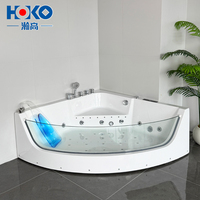 Baignoire d'angle HOKO pour 2 personnes, baignoire de massage en acrylique avec panneau en verre trempé et éclairage LED
