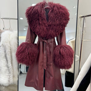 Cappotto in pelliccia RX soffice da donna in <span class=keywords><strong>vera</strong></span> <span class=keywords><strong>pelle</strong></span> di montone con collo e polsini in pelliccia di agnello mongoliano - Product Image 4