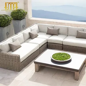 Furnitur taman bentuk L, Sofa anyaman luar ruangan bentuk L dengan bantal