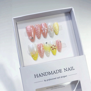 <span class=keywords><strong>Uñas</strong></span> Postizas 3D Hechas a Mano con Diseño de Flores, Color <span class=keywords><strong>Rosa</strong></span> <span class=keywords><strong>Pastel</strong></span> Almendrado <span class=keywords><strong>y</strong></span> <span class=keywords><strong>Amarillo</strong></span>, con Perlas <span class=keywords><strong>y</strong></span> Detalles en Espiral, <span class=keywords><strong>Uñas</strong></span> Reutilizables de Primavera para Mujer - Product Image 4