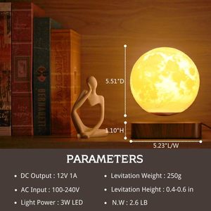 Lámpara de <span class=keywords><strong>Luna</strong></span> de levitación moderna, luz de noche LED, lámpara de <span class=keywords><strong>Luna</strong></span> flotante magnética, 3 modos de Color, batería enchufable para decoración de hogar y oficina - Product Image 5