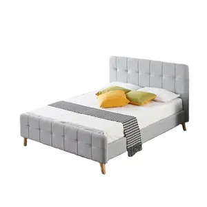 Pabrik grosir gaya mewah ringan kerangka tempat tidur berlapis kain abu-abu bilah kayu dasar tempat tidur Ratu ganda