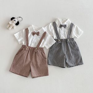 Ensemble de vêtements pour bébé garçon, 100% coton, chemise à manches courtes, <span class=keywords><strong>pantalon</strong></span> à bretelles à carreaux, 2 pièces, tenues de gentleman pour tout-petits pour l'été - Product Image 1