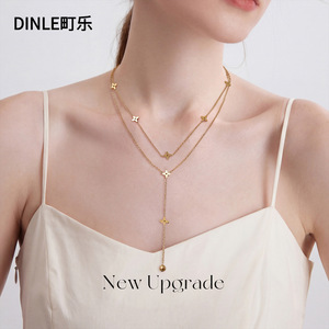 สร้อยคอสองชั้นรูปใบโคลเวอร์สี่แฉก Dinle ทำจากโลหะผสมสังกะสีเคลือบทองและเงิน สร้อยคอแฟชั่นสำหรับผู้หญิง ของขวัญเครื่องประดับ - Product Image 2