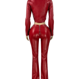 GHH10899- 2025 nuova moda <span class=keywords><strong>da</strong></span> donna giacca di pelle elastica con cerniera Slim Fit Casual Micro pantaloni svasati <span class=keywords><strong>Set</strong></span> due pezzi - Product Image 4