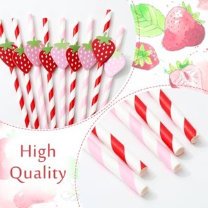 Pink And <b>Red</b> Strawberry Striped <b>Paper</b> Straws 20 Pieces Disposable Biodegradable For Summer Drinks Weddings Birthdays - Product Image 4