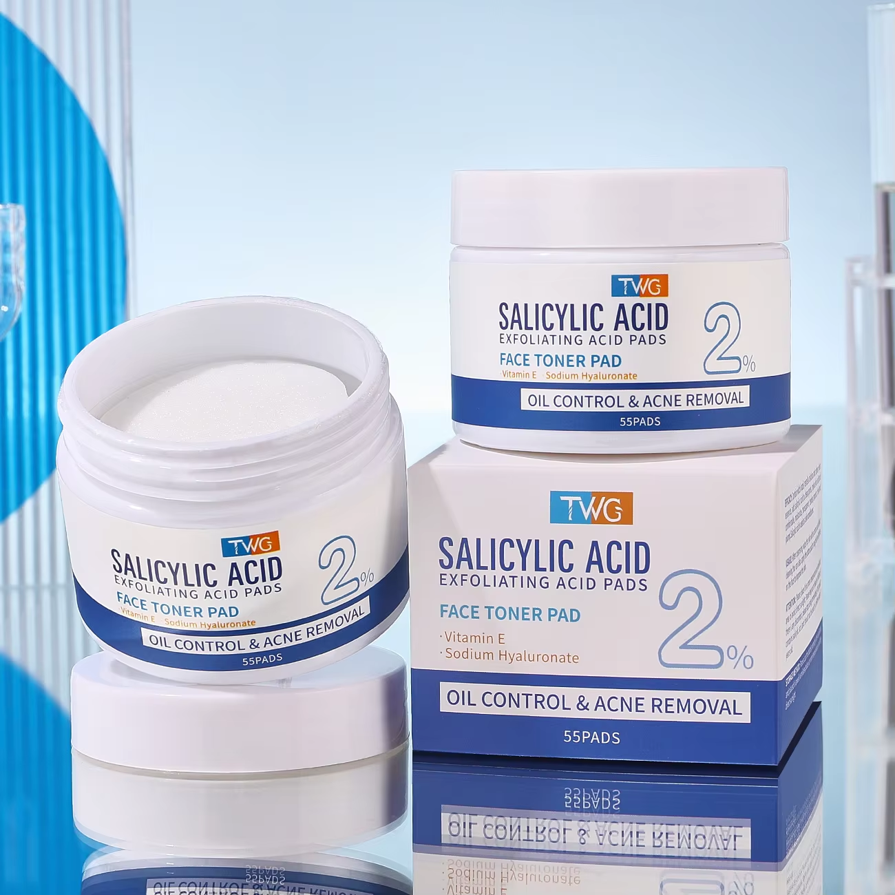 0014 TWG Tampons Toniques Visage Anti-Acné à l'Acide Salicylique 2ml*55 unités